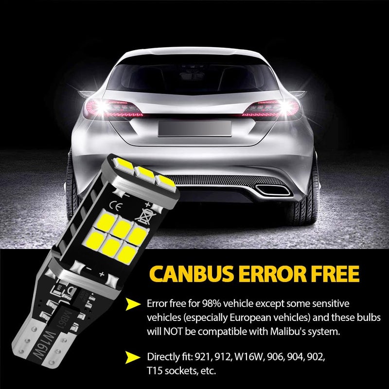 AUXLIGHT 921 912 906 904 T15 W16W 921A Error Free Back Up Reverse 3rd Brake Center High Mount Stop Light Bulbs, Super Bright High Power 6000K Xenon White replacement for Cars, Trucks, RVs (Pack of 2) - Image 5